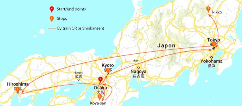 Itinerary map for the Japan trip